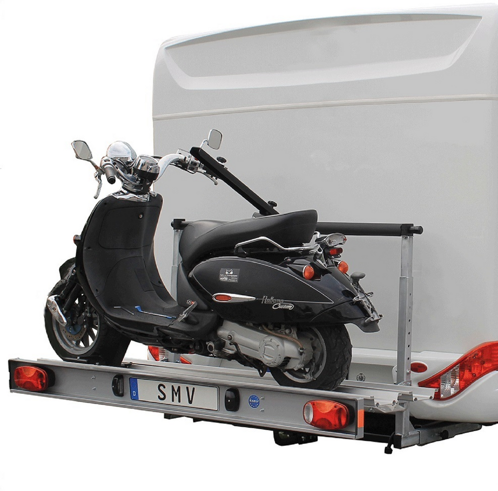 Klappbarer Motorradträger 130 kg für Wohnmobile mit Leuchtenträger